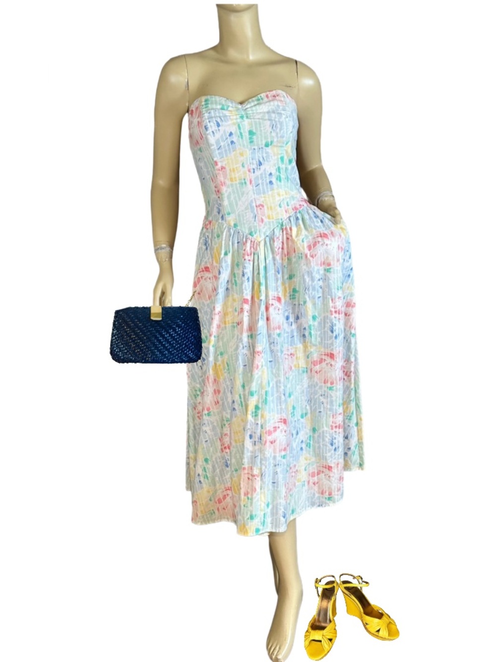 VINTAGE 1980'S ALL THAT JAZZ COTTON STRAPLESS FLORAL PRINT DRESS (8)